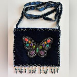 Beaded Butterfly Blue Velvet Crossbody Bag Evening Purse Festival Boho
